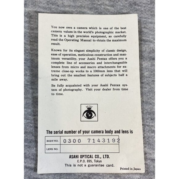 The Serial Number Of Camera Body and Lens Card Printed In Japan - Picture 1 of 3